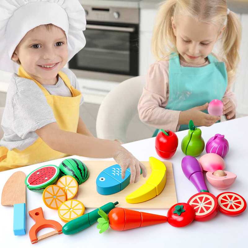 Baby Montessori Wooden Toy Cutting Fruit Vegetable Play Miniature Food Kids Wooden Baby Early Education Real Life Kitchen Toys